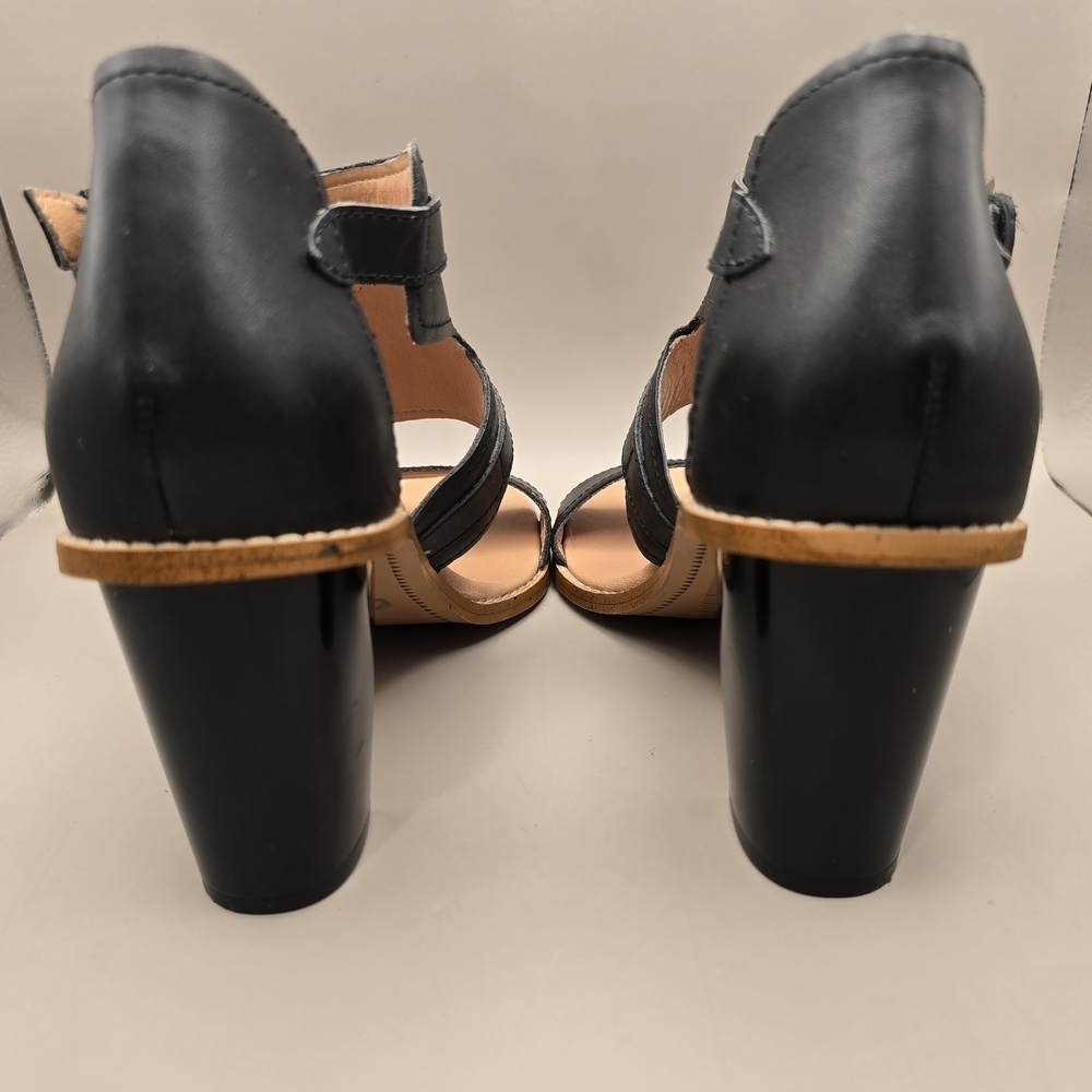 H&M Genuine Leather Sandal 3 Inch Block Heel Open Toe Adjustable Strap Black 7. - Picture 5 of 11